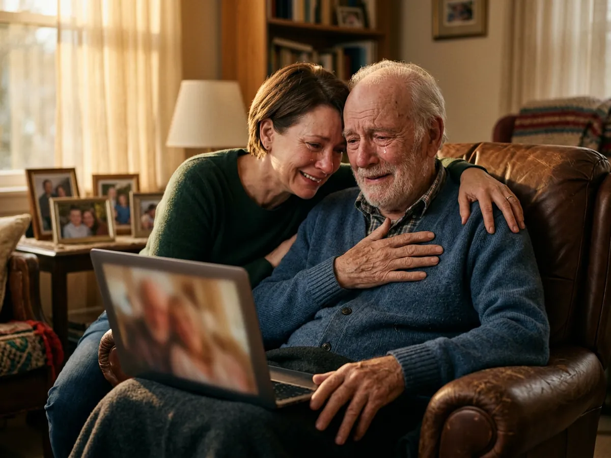 An elderly man in an armchair, hand on his heart, watching a laptop while his daughter hugs his shoulders
