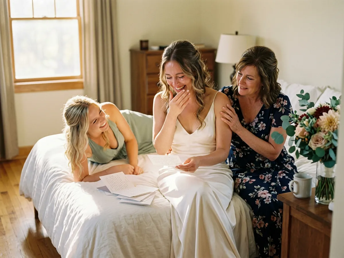 A bride sitting on a bed reading handwritten letters, laughing through tears with her mother and bridesmaid
