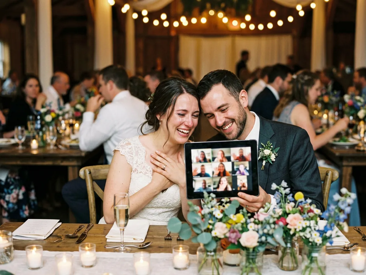 A couple watching wedding messages sent in from friends and family around the world