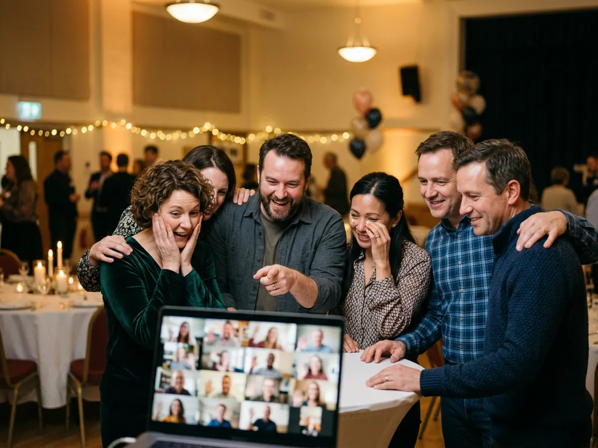 Old classmates at a reunion reacting to messages sent in from around the world